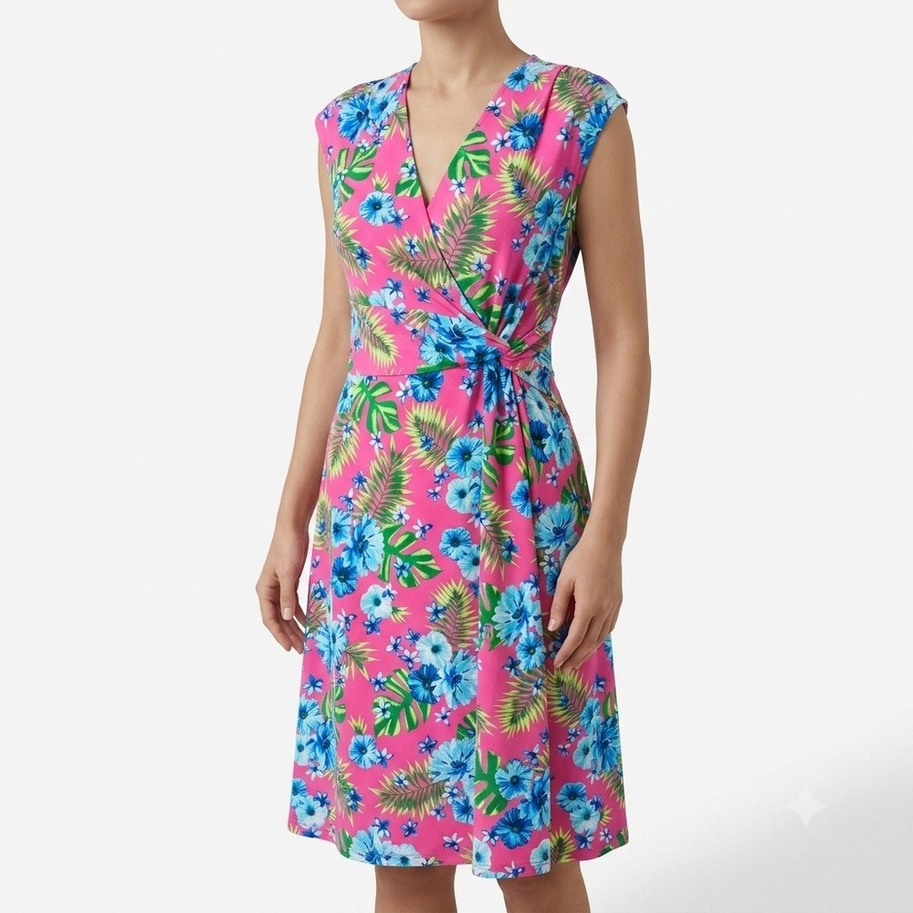Lands End Dress Womens M 10-12 Pink Blue Tropical Floral Faux Wrap V-Neck 514446